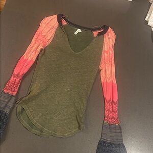 We The Free Olive Green Long Sleeve Top with Coral Gradient Sleeves